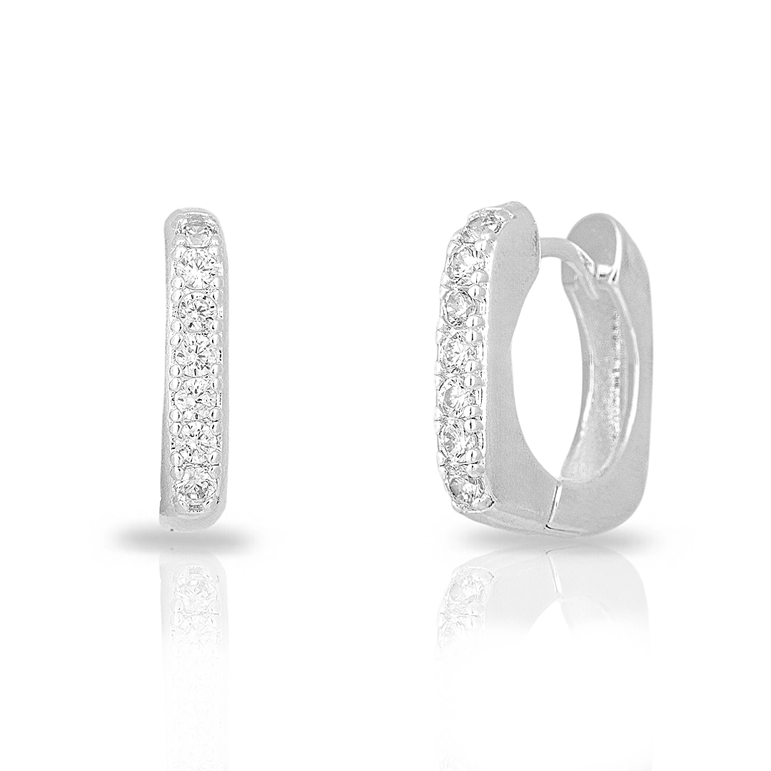 Brinco de Prata Leve Argola Clic Quadrado com Zircônias Cristal