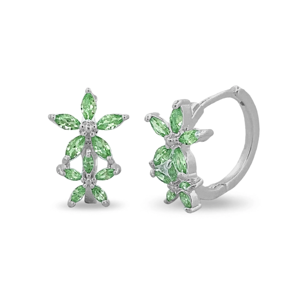 Brinco De Prata Leve Argola com Flor Dupla e Zircônia Esmeralda