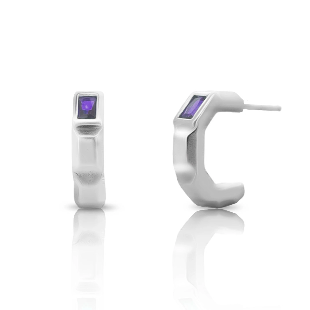 Brinco De Prata Leve Argola com Zircônia Ametista