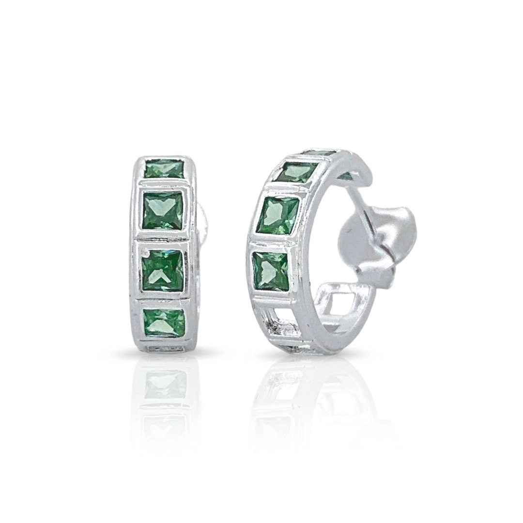 Brinco De Prata Leve Argola com Zircônia Esmeralda