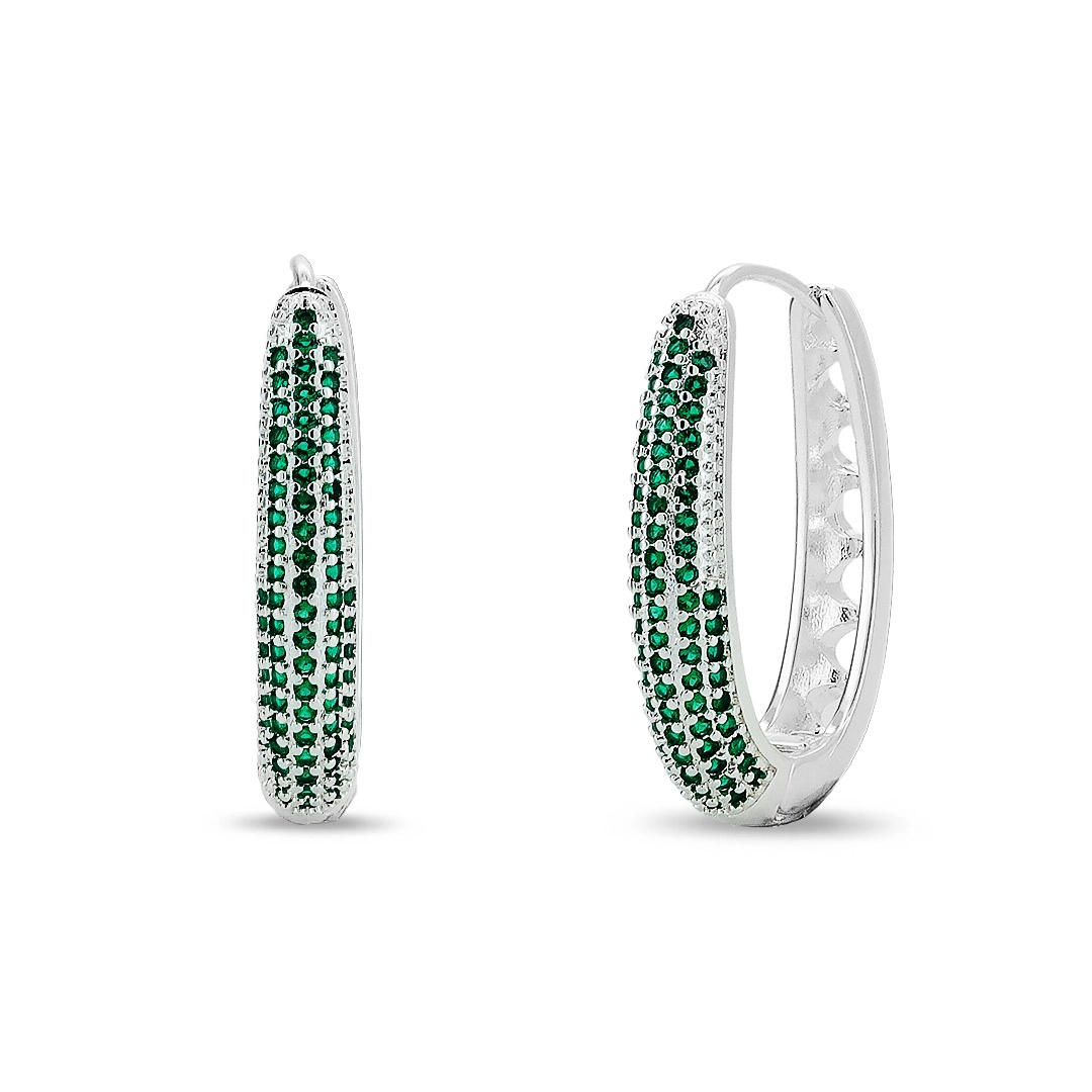 Brinco De Prata Leve Argola Oval Linha Clic Com Zircônia Esmeralda