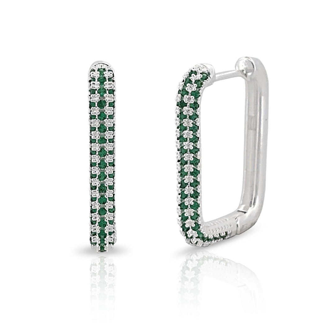 Brinco De Prata Leve Argola Retangular com Zircônias Esmeralda