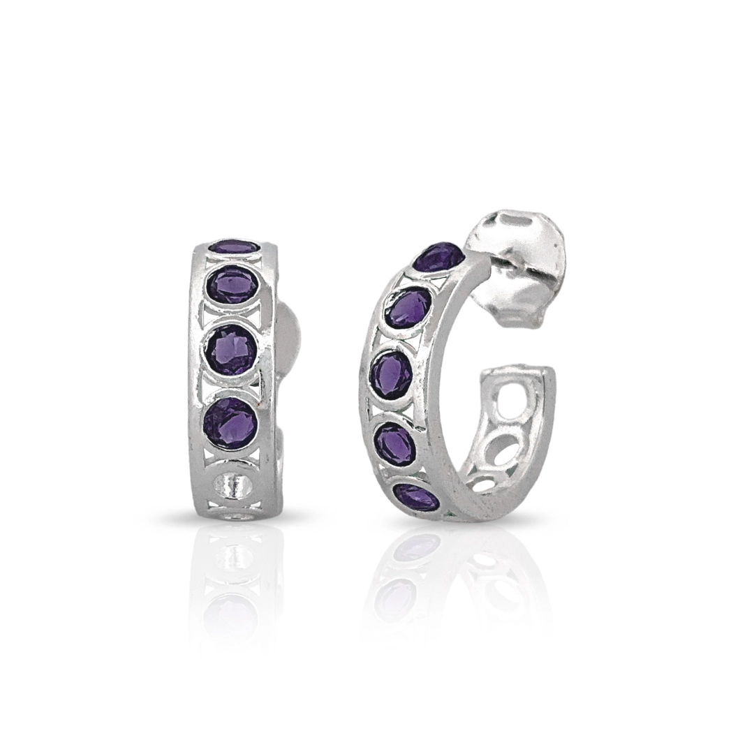 Brinco De Prata Leve Argola Vazada com Zircônias Ametista