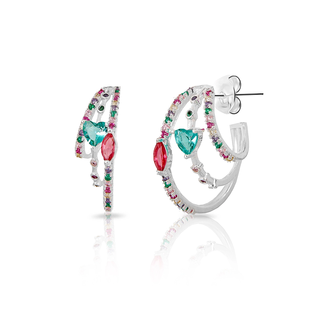 Brinco de Prata Leve Argola Tripla com  Zircônias Coloridas