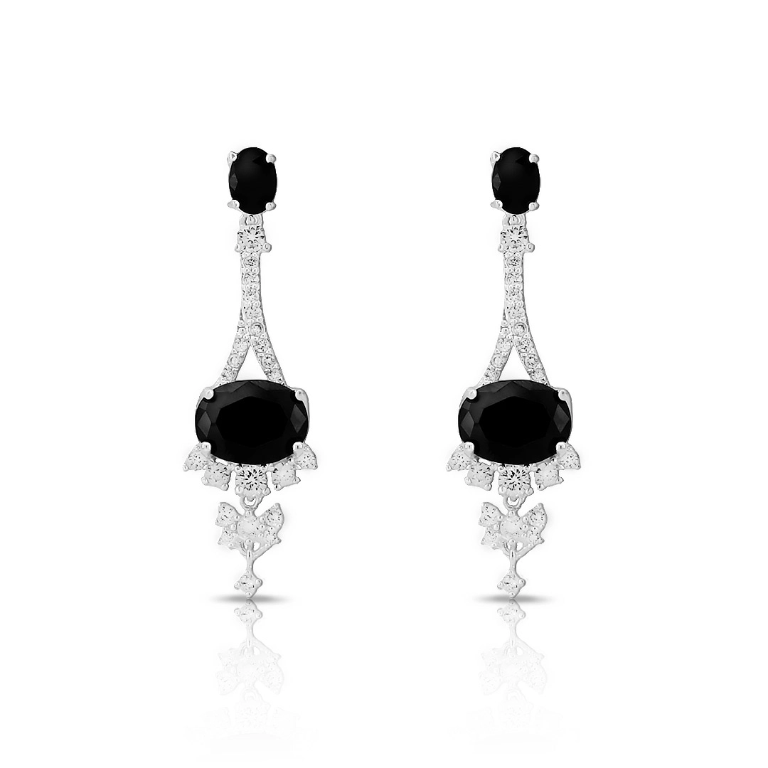 Brinco De Prata Leve Balanço com  Zircônia Ônix e Zircônia Cristal