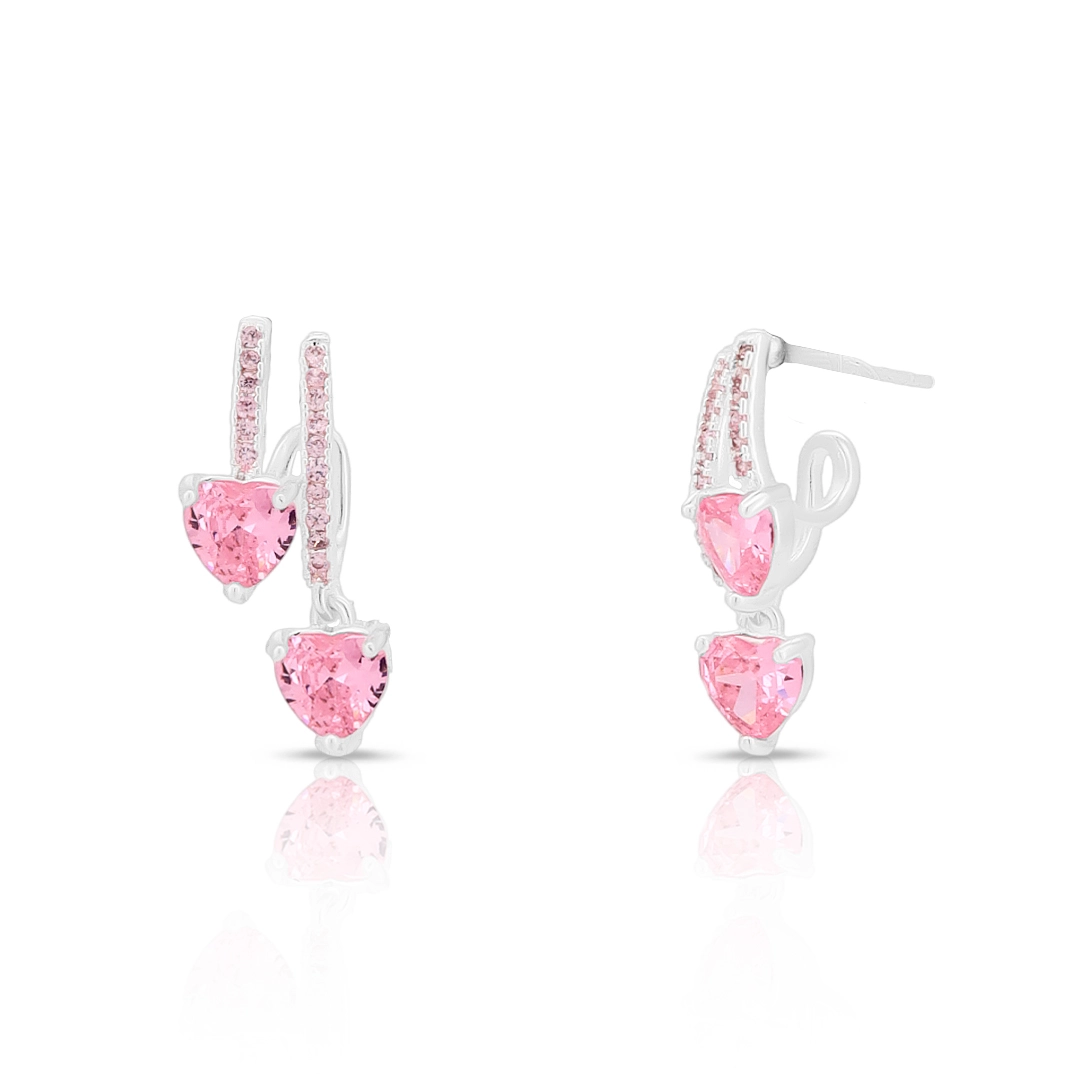 Brinco De Prata Leve Balanço Duplo com Zircônia Rosa