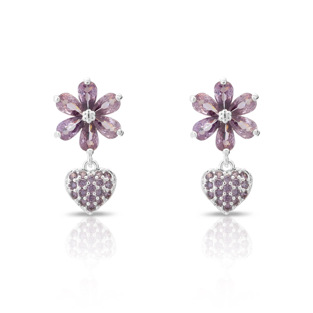 Brinco De Prata Leve Balanço Flor e Coração com Zircônias Ametista