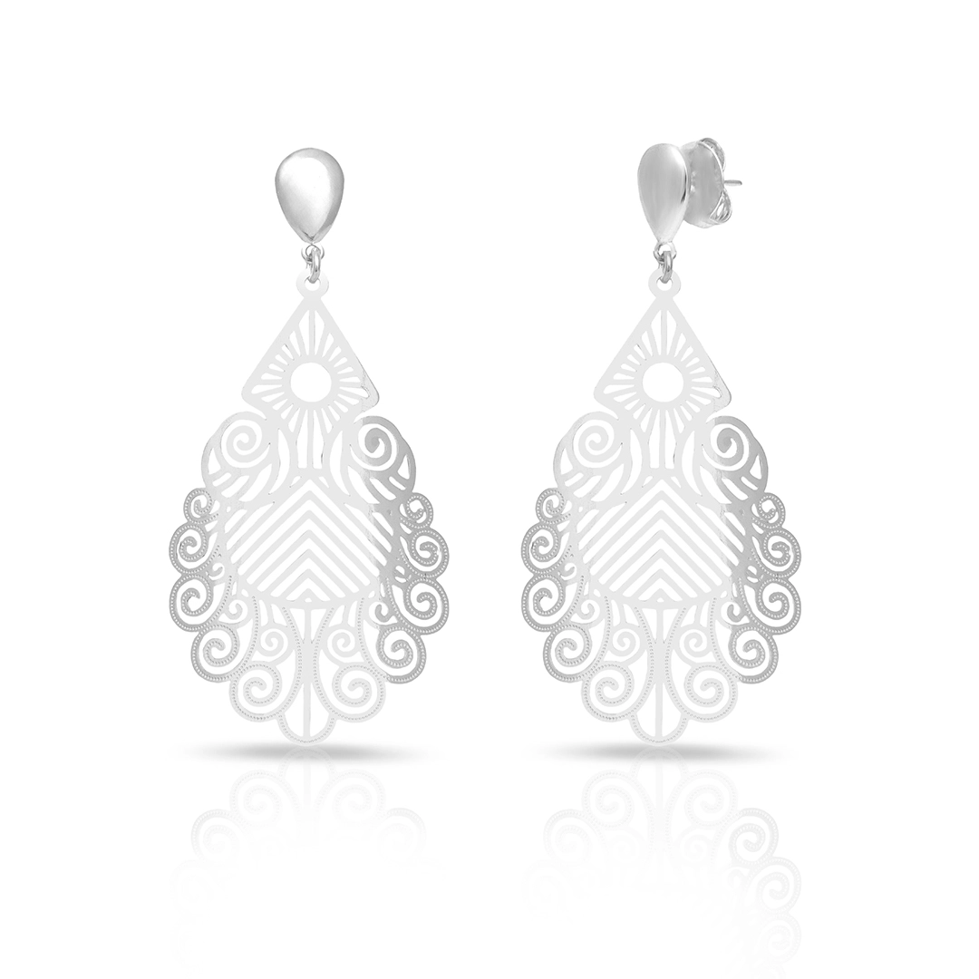 Brinco De Prata Leve Balanço Gota Com Arabescos Vazada