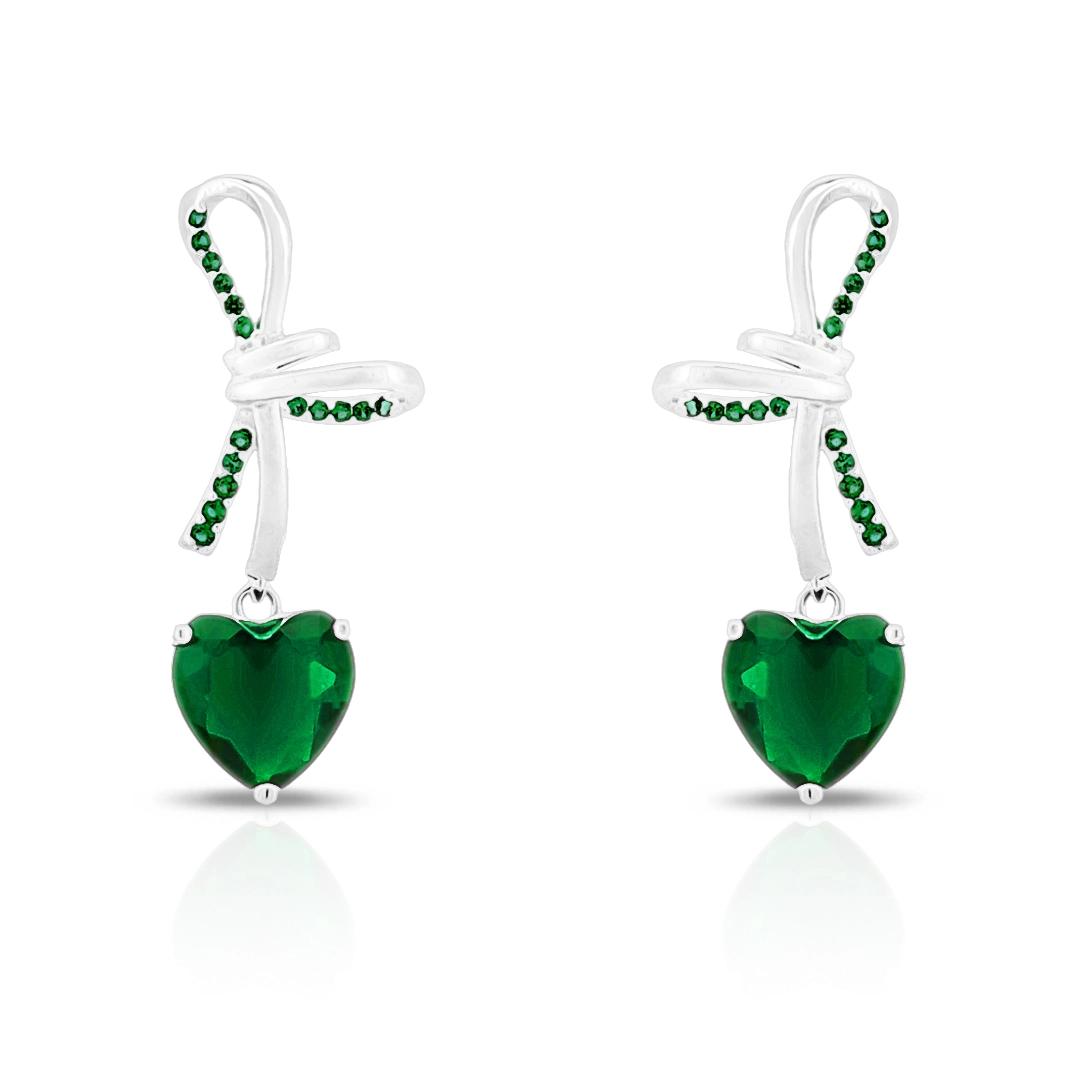 Brinco De Prata Leve Balanço Laço com Zircônia Esmeralda