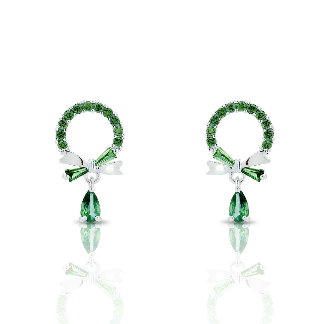 Brinco De Prata Leve Balanço Redondo com Laço e Zircônias Esmeralda