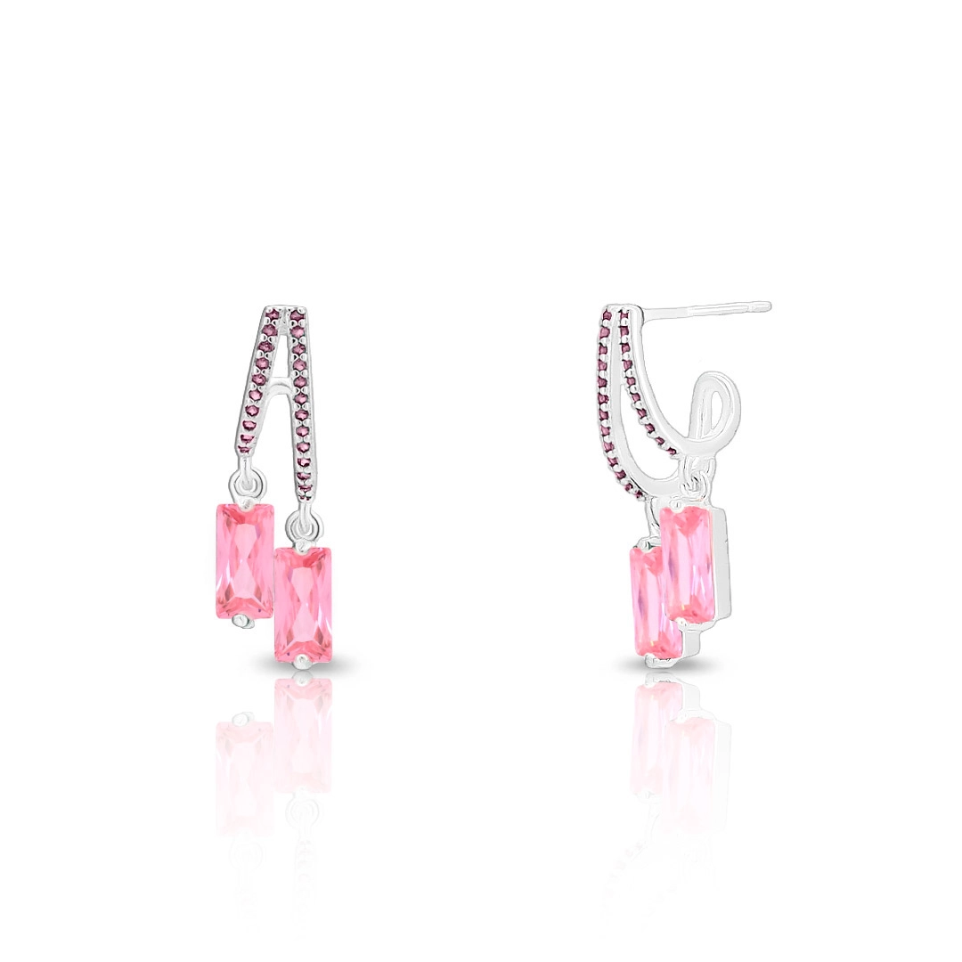 Brinco De Prata Leve Com Gota Dupla E Zircônia Rosa 