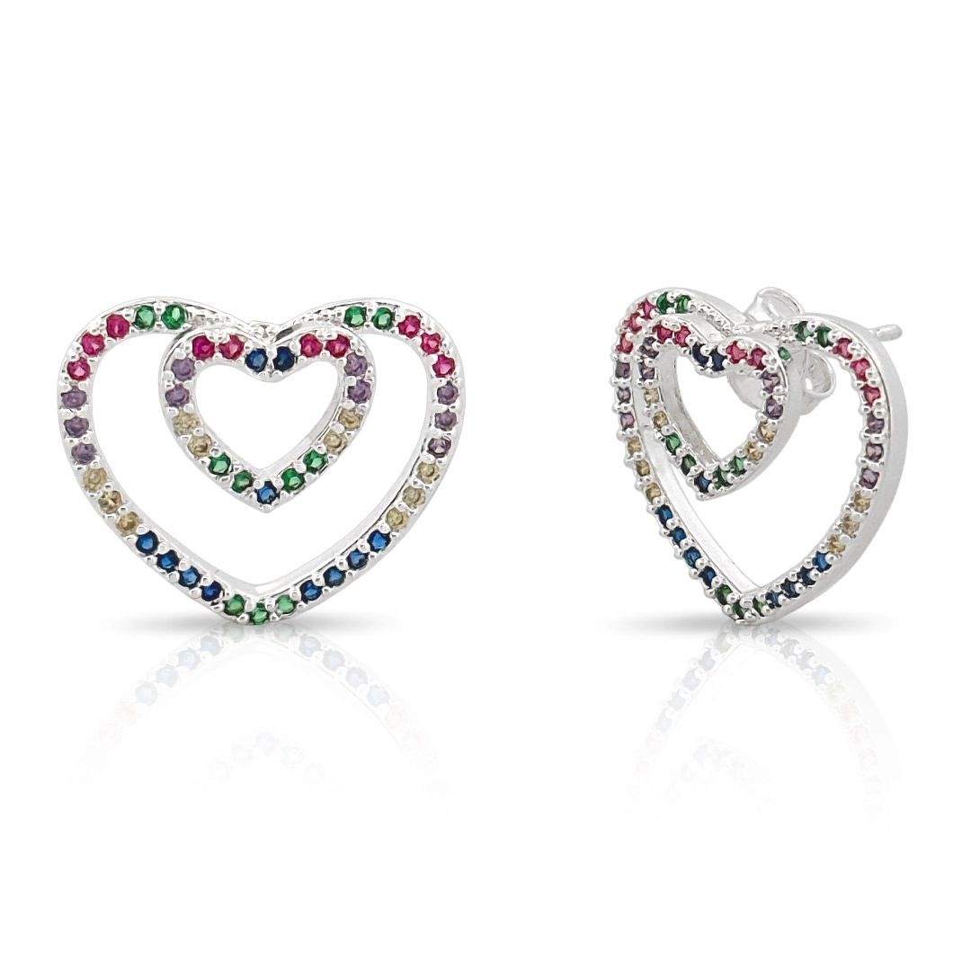 Brinco de Prata Leve Coração Duplo Com Zircônias Coloridas