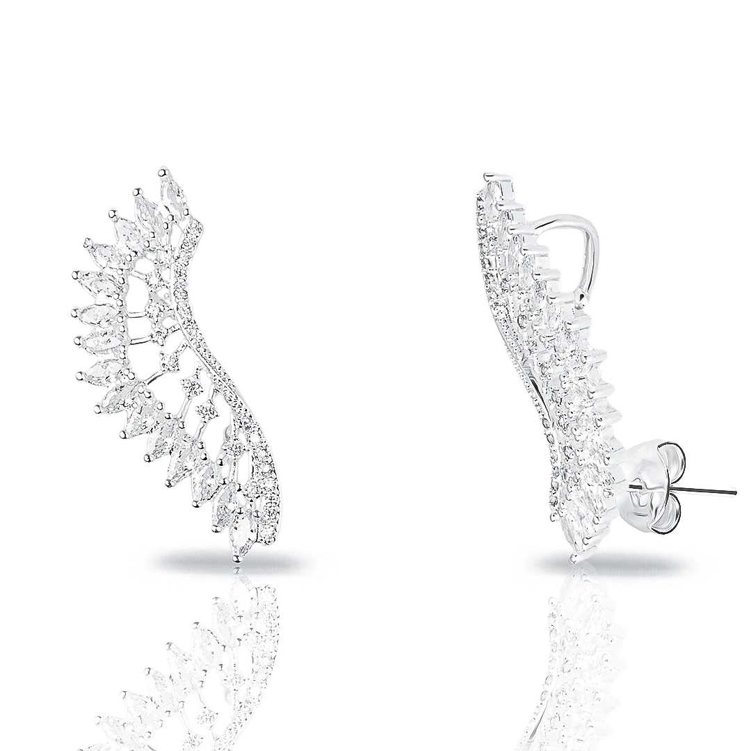 Brinco de Prata Leve Ear Cuff Asas em  Zircônias Cristal