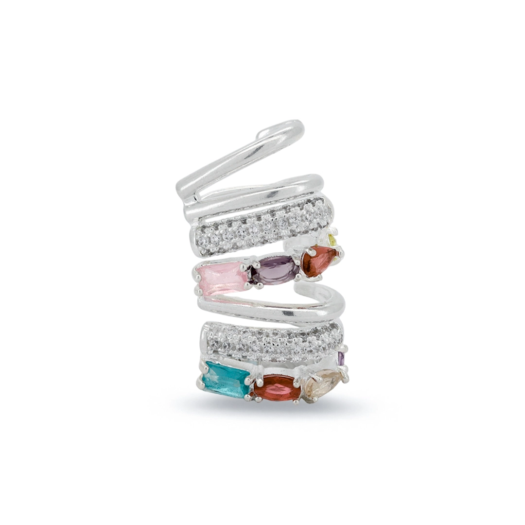 Brinco de Prata Leve Estilo Ear Cuff com Zircônias Coloridas