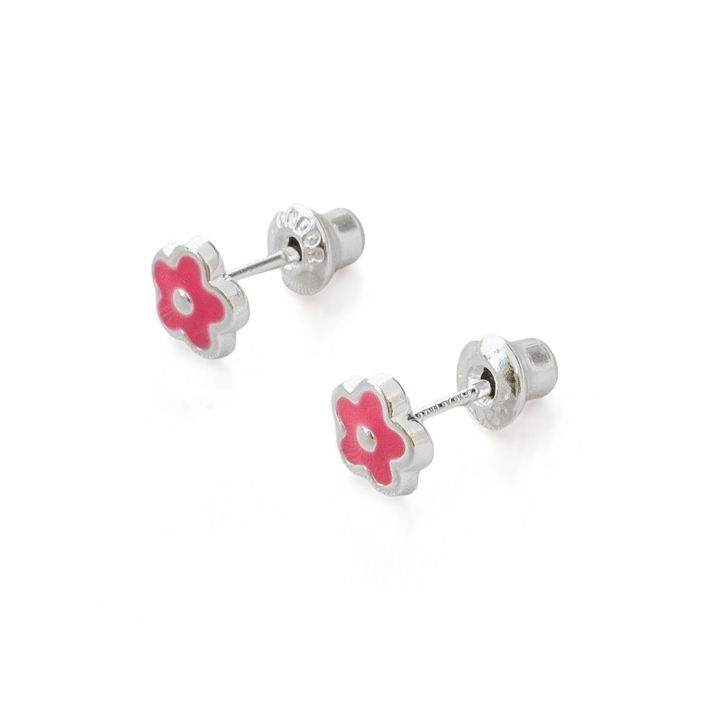 Brinco de Prata Leve Kids Flor Rosa Esmaltada