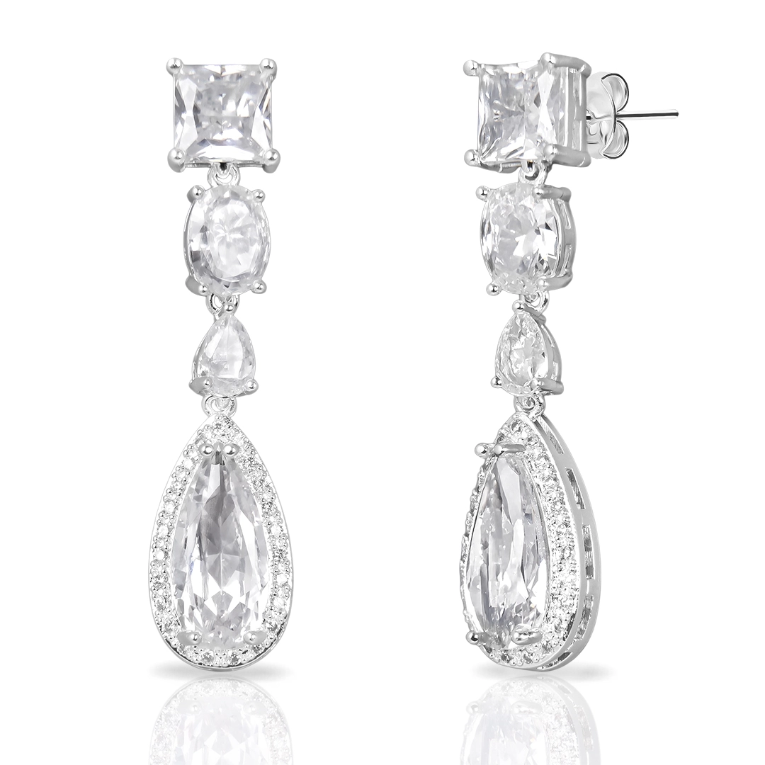 Brinco de Prata Leve Linha Festa  Com Zircônia Cristal  Quadrada, Oval e Gota