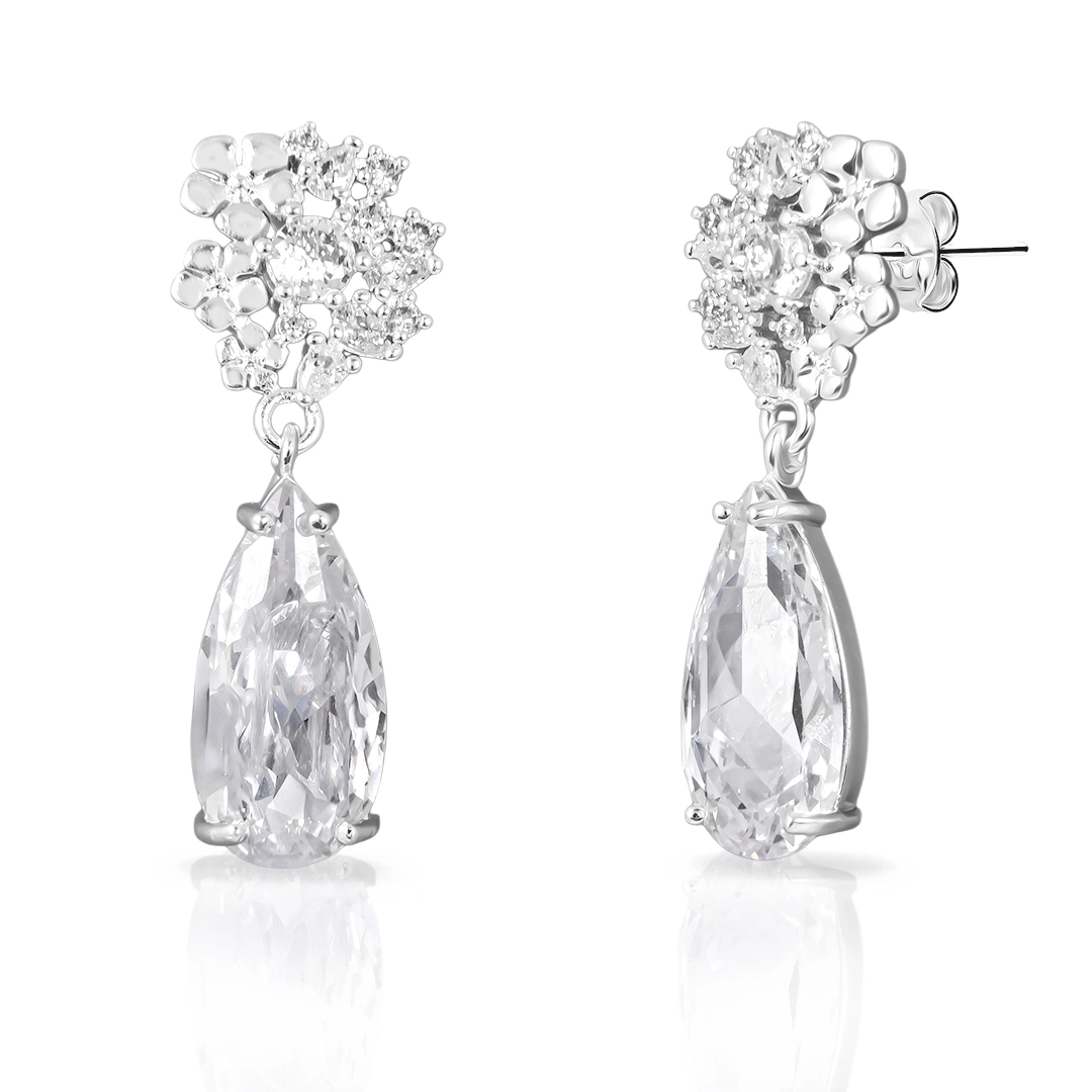 Brinco de Prata Leve Linha Festa Gota Com Flores E Zircônia Cristal 