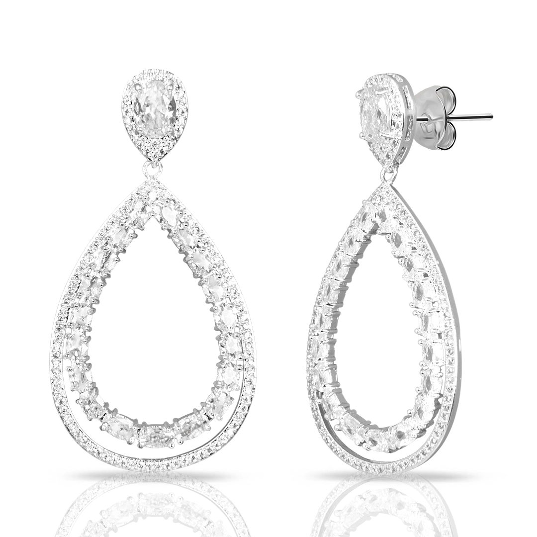 Brinco de Prata Leve Linha Festa Gota Dupla Com Zircônia Cristal