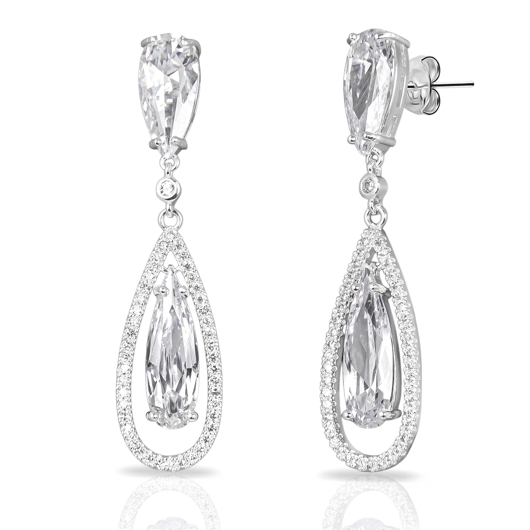 Brinco de Prata Leve Linha Festa Gota Dupla E Zircônia Cristal