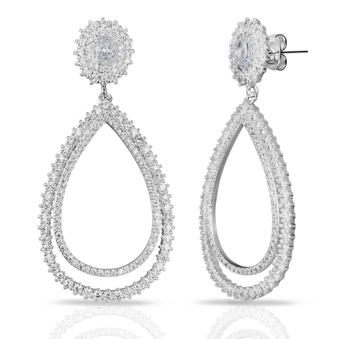 Brinco de Prata Leve Linha Festa Gota Vazada Com Zircônia Cristal