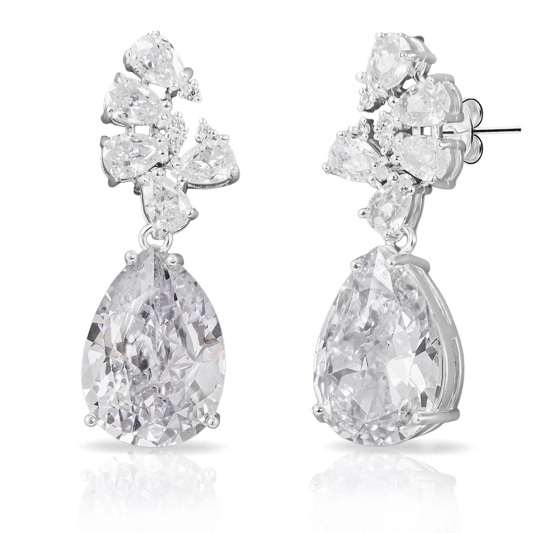 Brinco de Prata Leve Linha Festa Trabalhado Com Gota E Zircônia Cristal