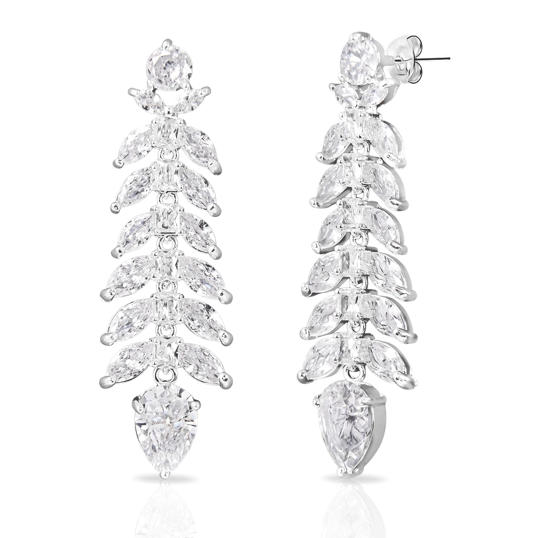 Brinco de Prata Leve Linha Festa Trabalhado Com Zircônia Cristal  Navete e Gota