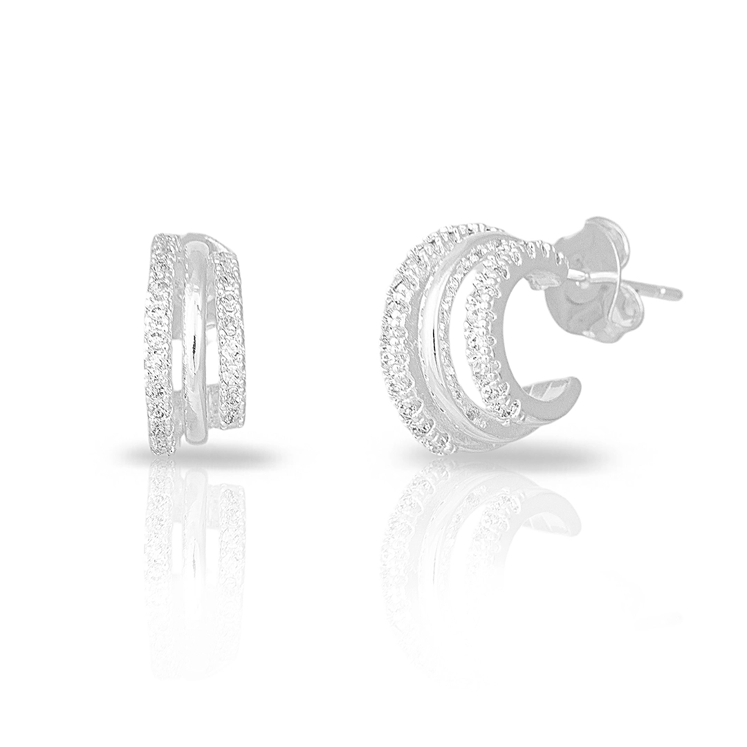 Brinco de Prata Leve Meia Argola Três Fios com Zircônias Cristal