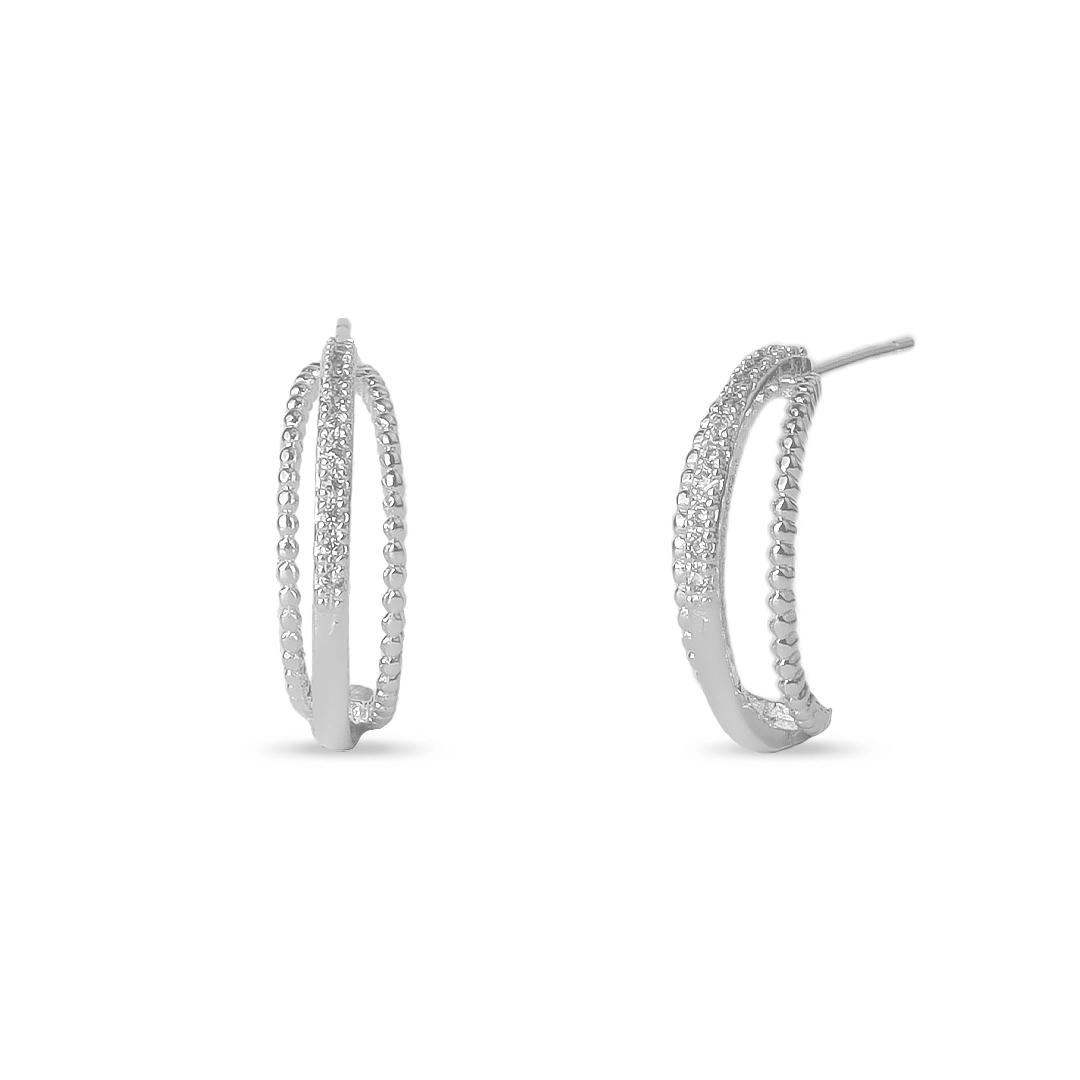 Brinco De Prata Leve  Meia Argola Tripla com Zircônia Cristal