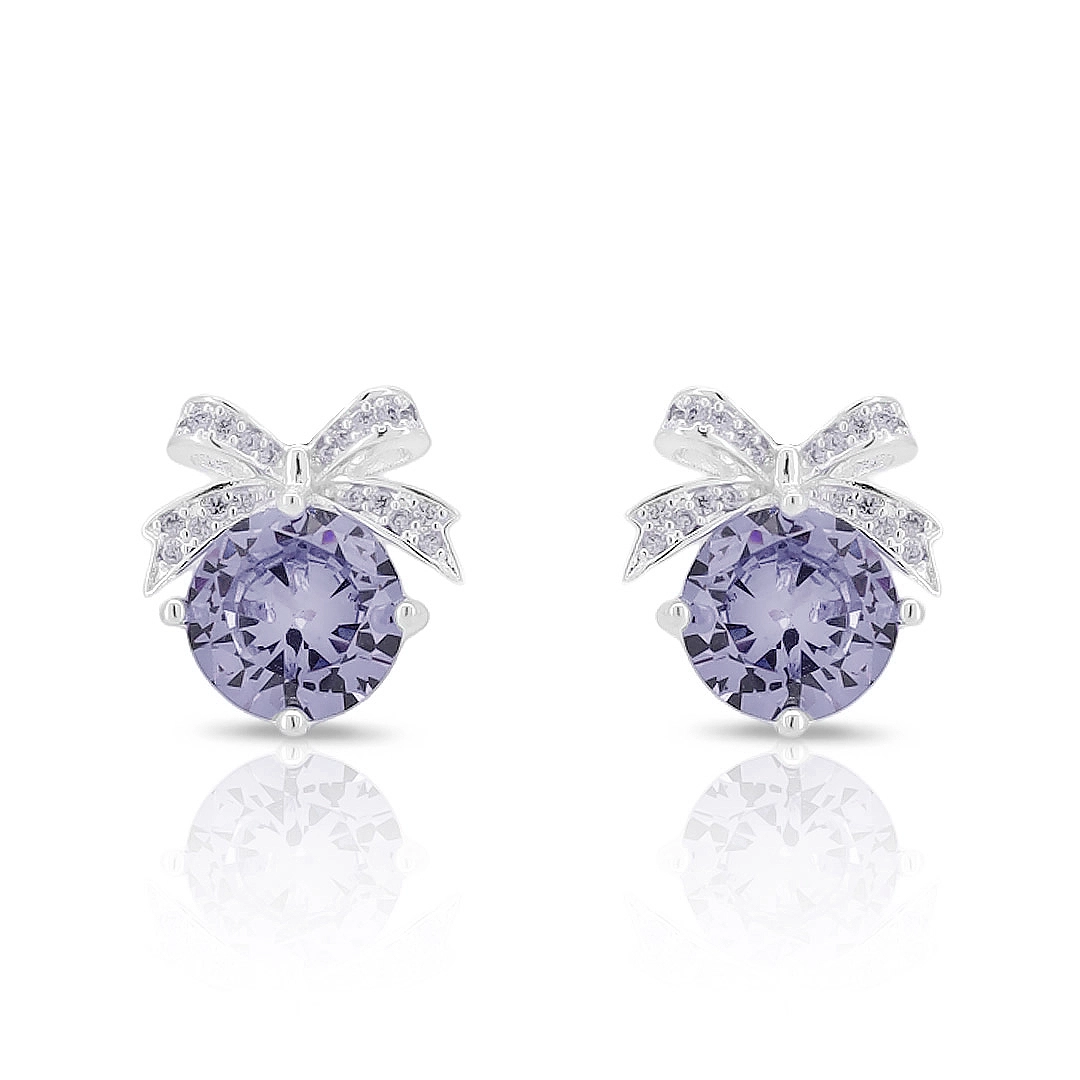 Brinco De Prata Leve Top com Laço e Zircônia no Tom Ametista