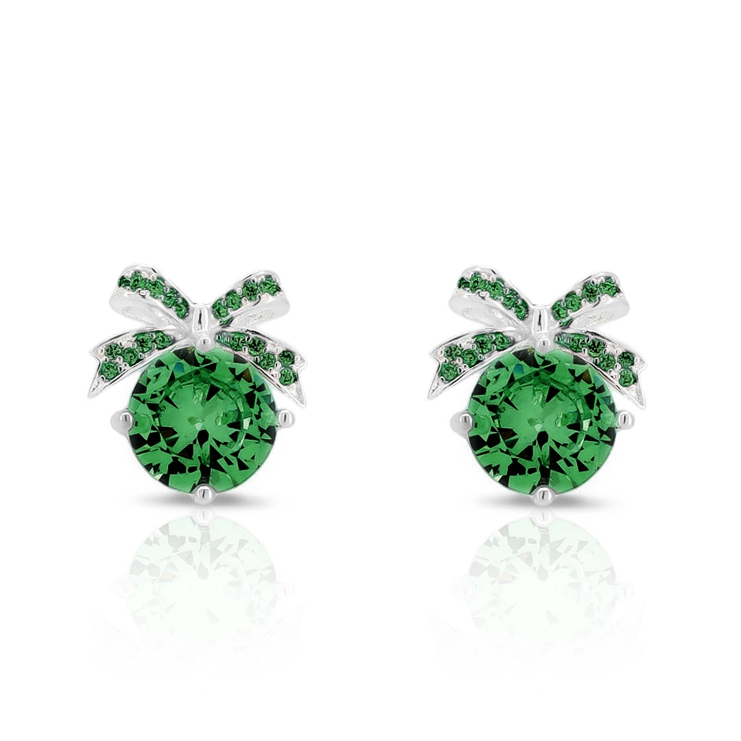 Brinco De Prata Leve Top com Laço e Zircônia Esmeralda
