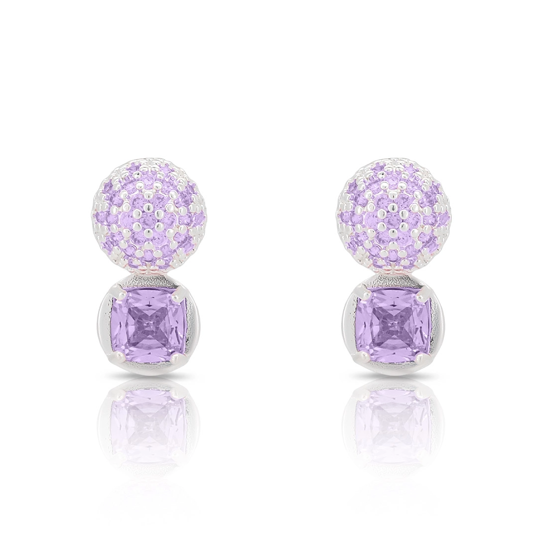 Brinco De Prata Leve Top com Meia Esfera e Zircônia Ametista