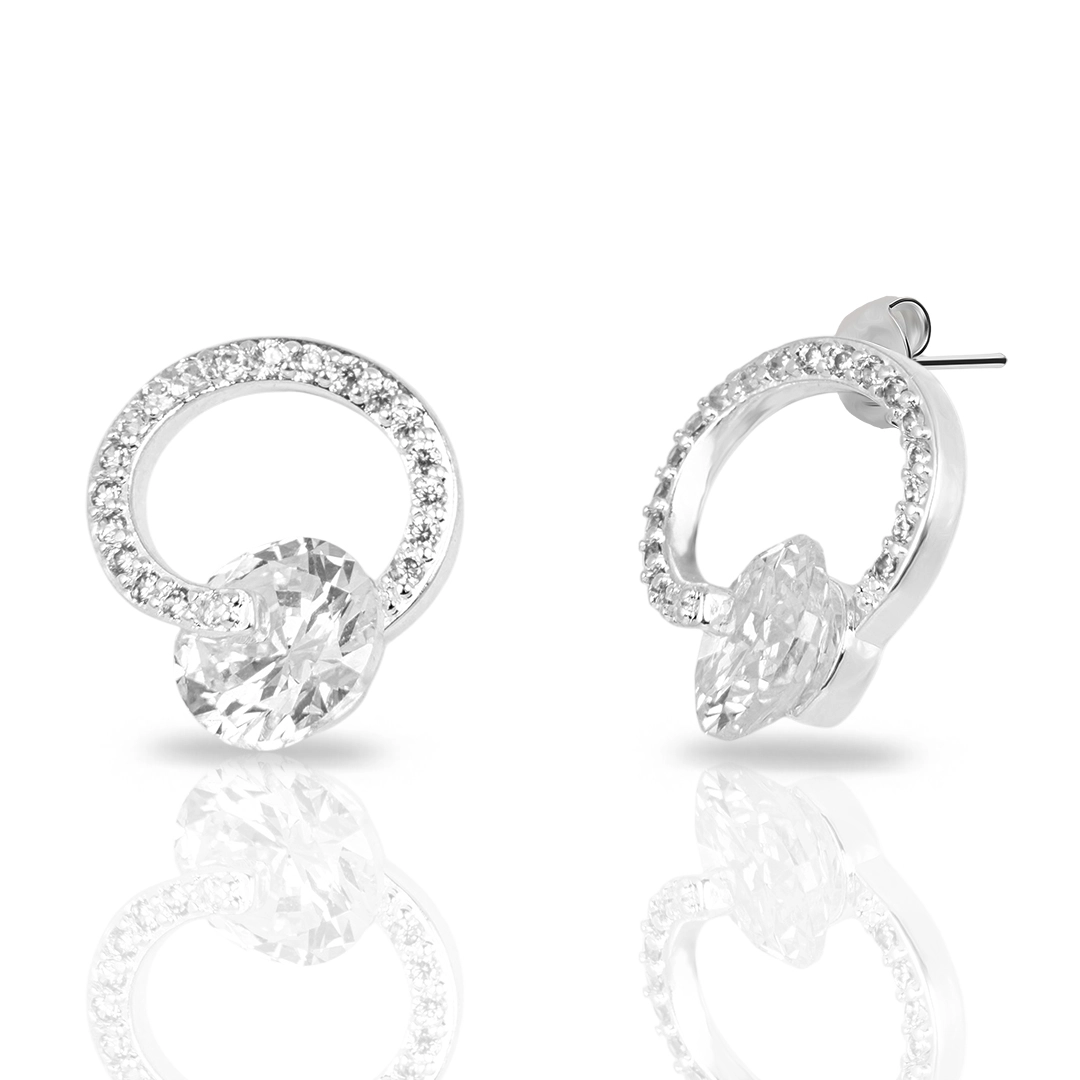 Brinco de Prata Leve Top com Zircônia Cristal Redonda Cravejada