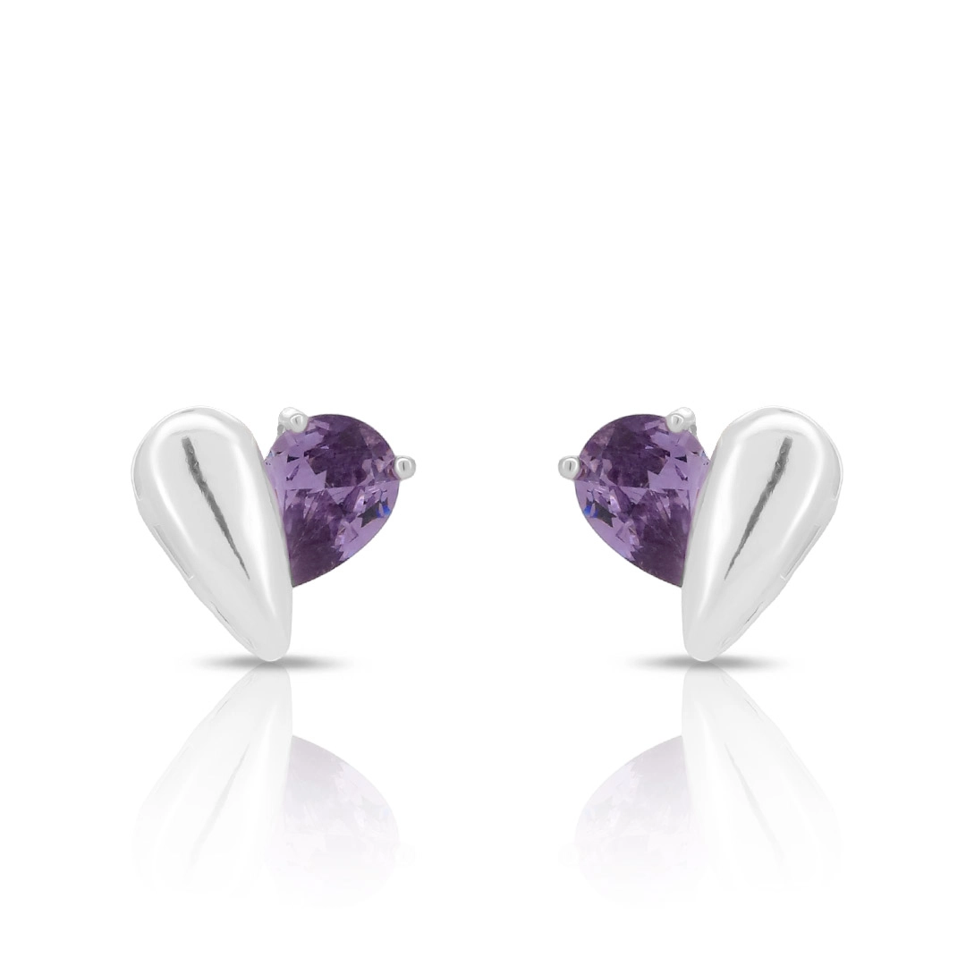 Brinco De Prata Leve Top Coração com Zircônia no Tom Ametista
