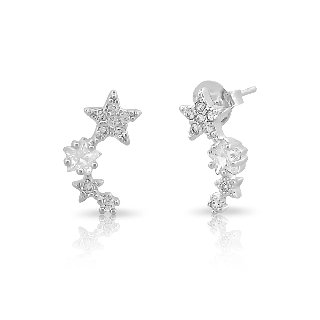 Brinco de Prata Leve Top Estrelas com  Zircônia Cristal