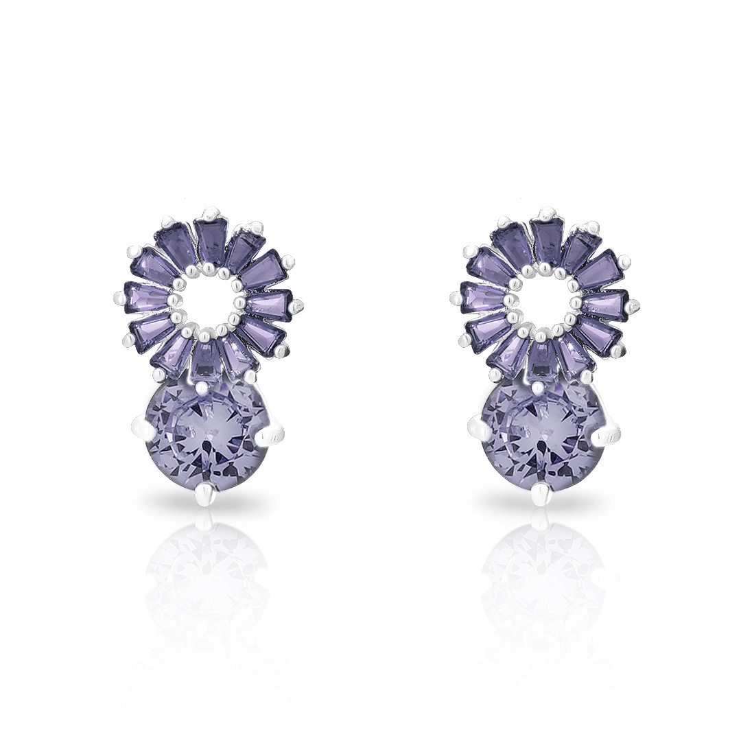 Brinco de Prata Leve Top Flor com Zircônia Ametista