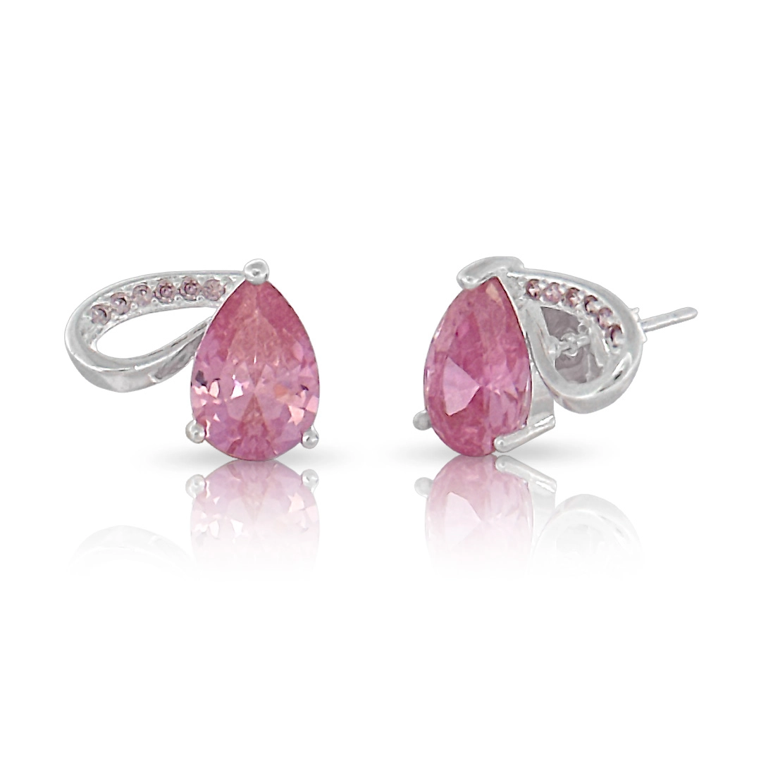 Brinco de Prata Leve Top Gota com Zircônia Rosa