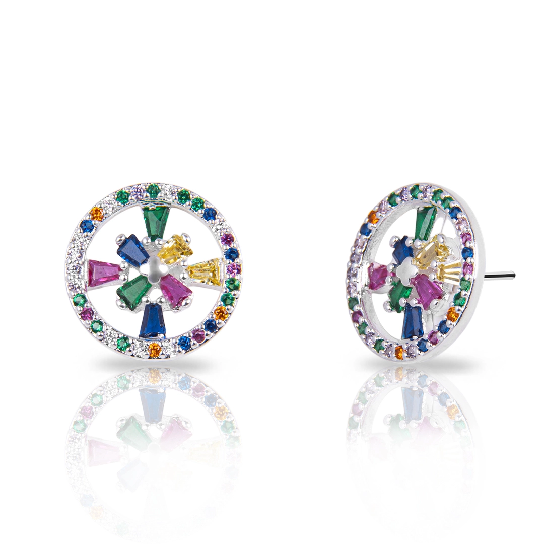 Brinco de Prata Leve Top Redondo com Trabalhado Vazado e Zircônias Coloridas