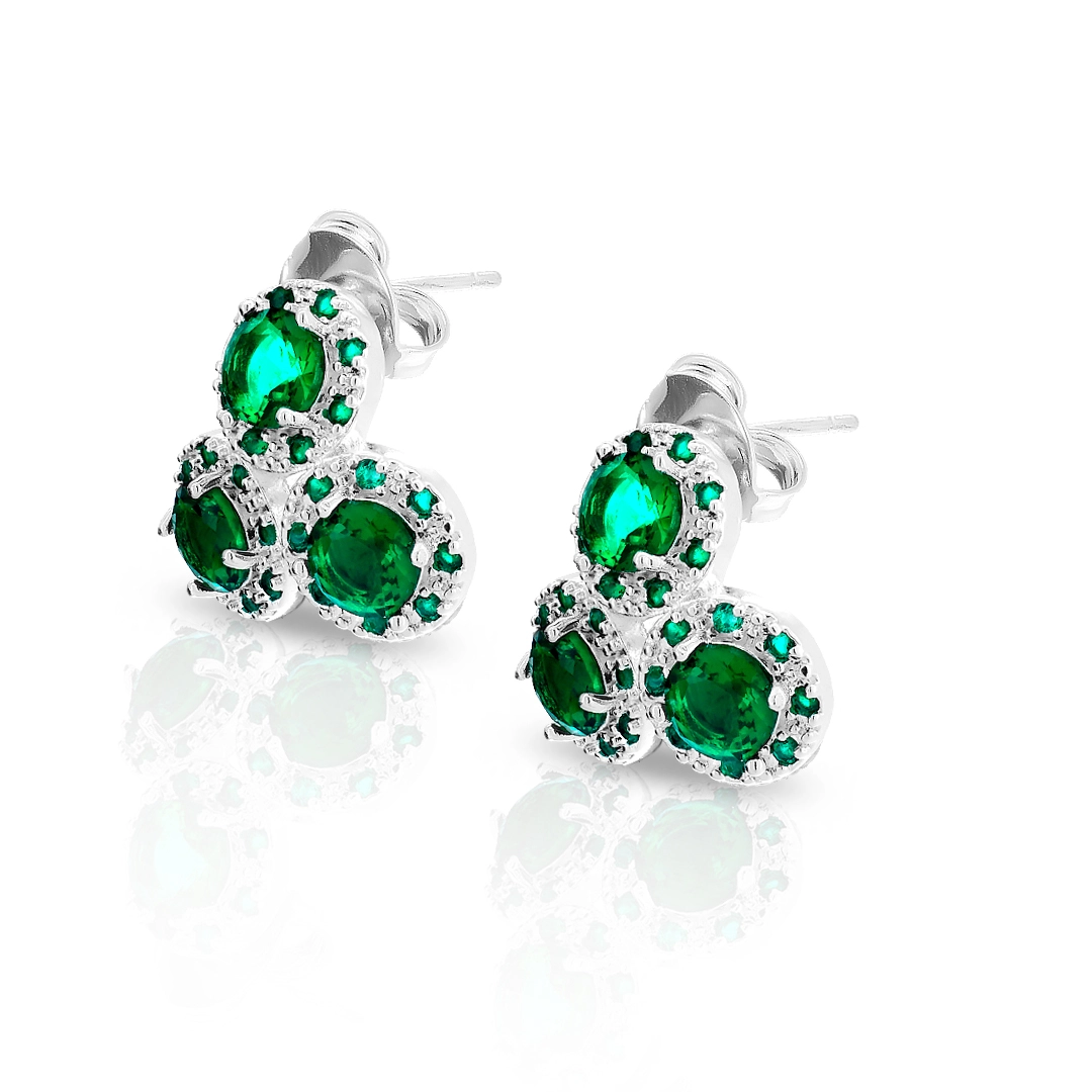 Brinco de Prata Leve Top Triplo com Zircônias Esmeralda