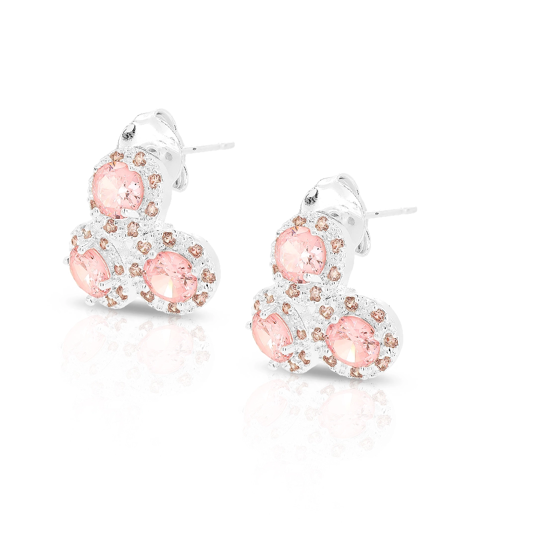 Brinco de Prata Leve Top Triplo com Zircônias Rosa