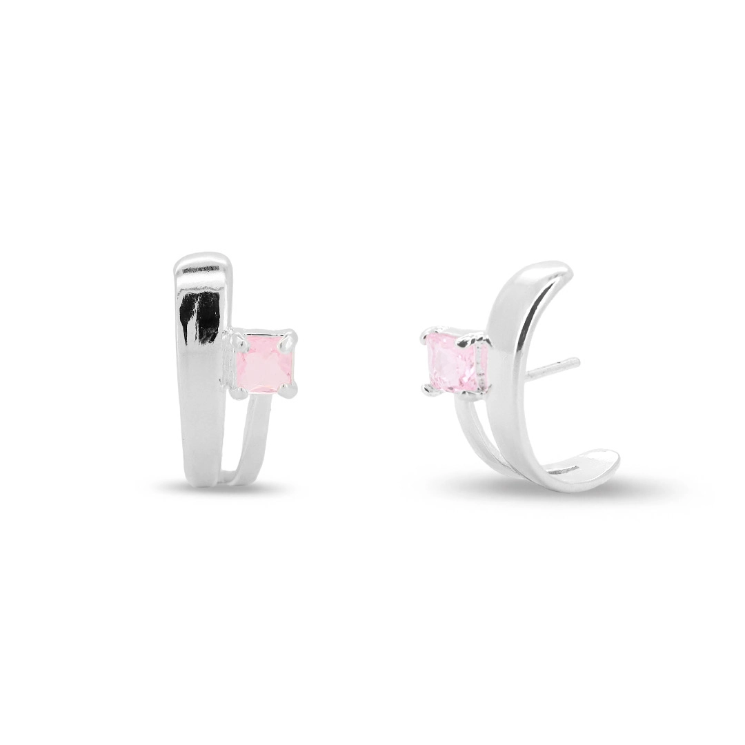 Brinco De Prata Leve Top Vazado com Zircônia Quadrada Rosa