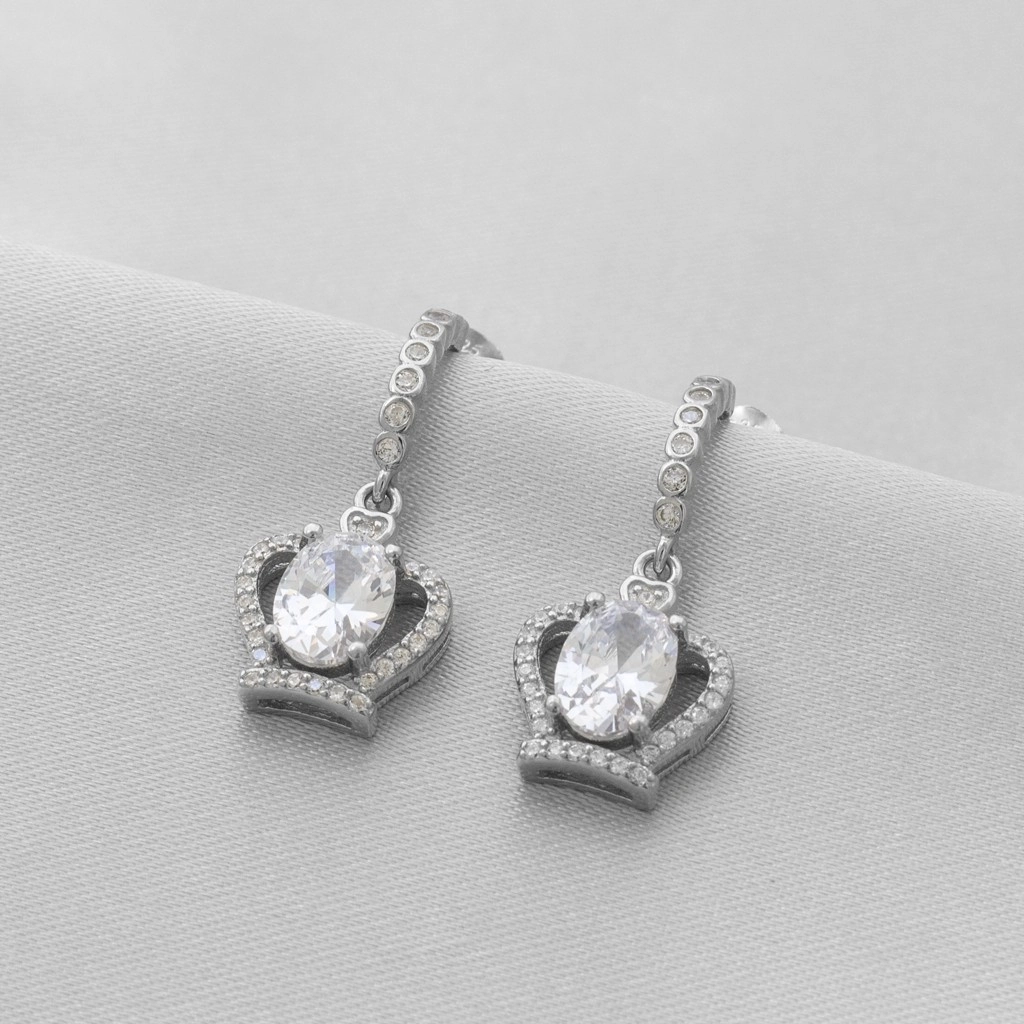 Brinco de Prata Meia Argola Coroa com Zircônia Cristal