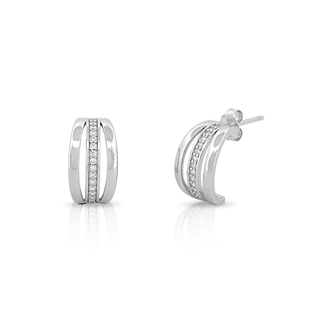 Brinco de Prata Meia Argola Três Fios com Zircônias Cristal