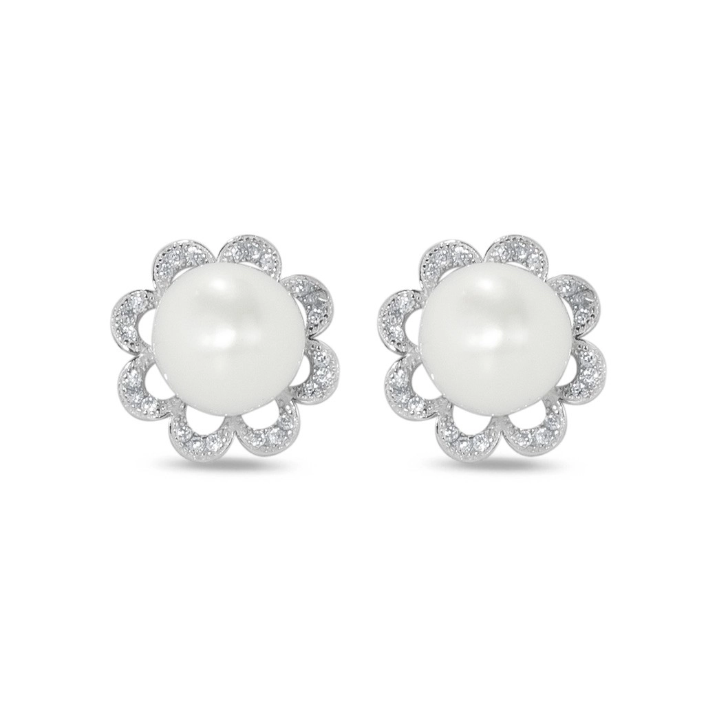 Brinco de Prata Top com Pérola Biwa e Zircônia Cristal