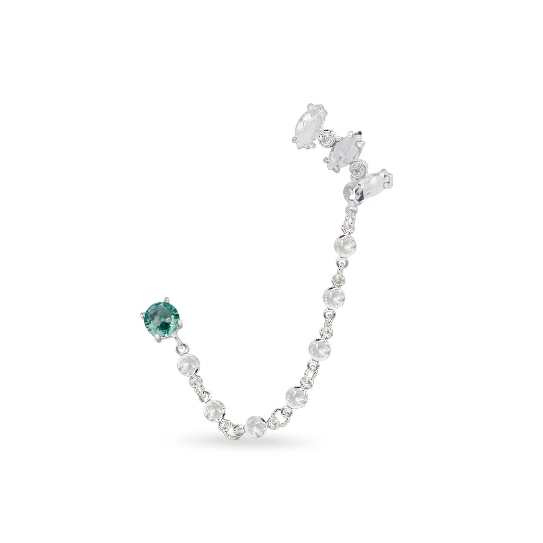 Brinco Ear Cuff De Prata Leve Com Zircônia Cristal e Zircônia Verde Paraíba