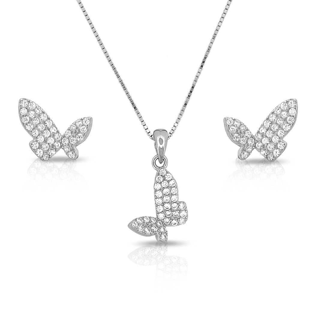 Gargantilha de Prata com Brincos Borboletas em Zircônias Cristal