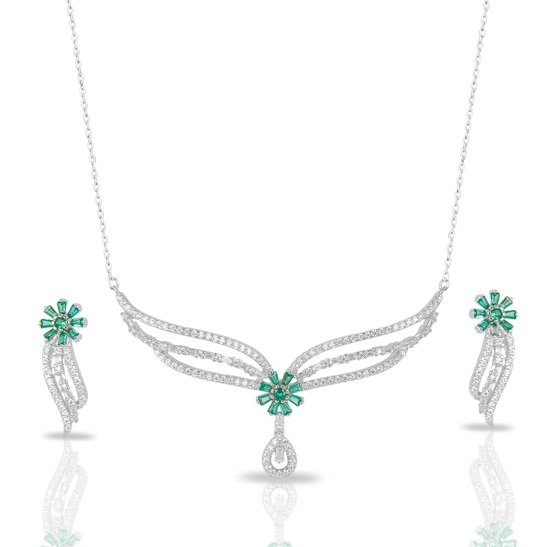 Colar de Prata Blend Collection com Brincos de Zircônias Cristal e Zircônias Esmeralda