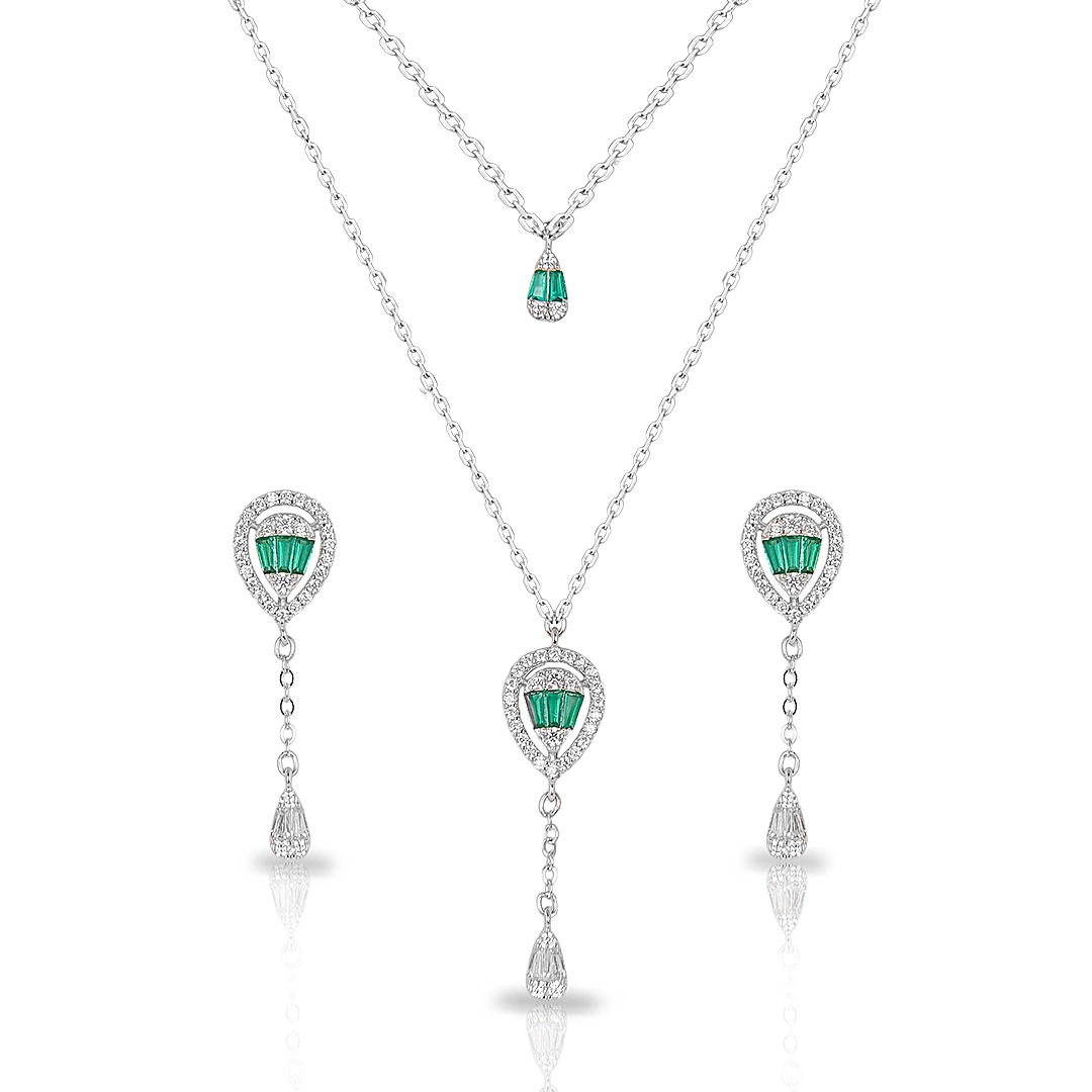 Colar de Prata Blend Collection Duplo com Brincos de Gota em Zircônias Cristal e Esmeralda