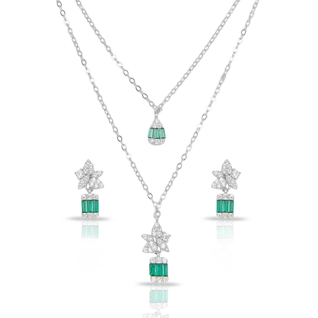 Colar de Prata Blend Collection Duplo com Brincos em Zircônias Cristal e Esmeralda