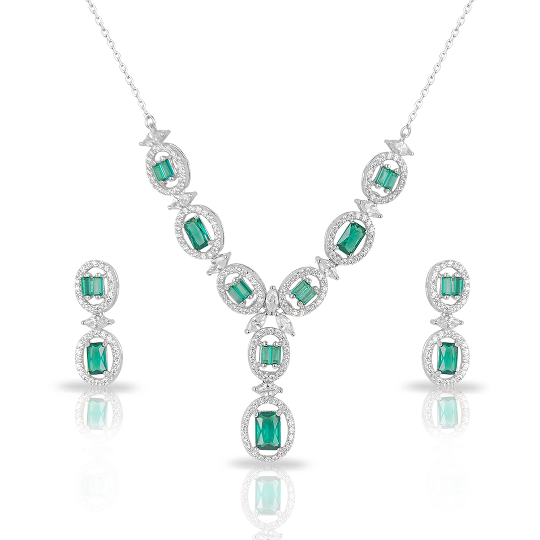 Colar de Prata Blend Collection Trabalhado com Brincos em Zircônias Cristal e Esmeralda