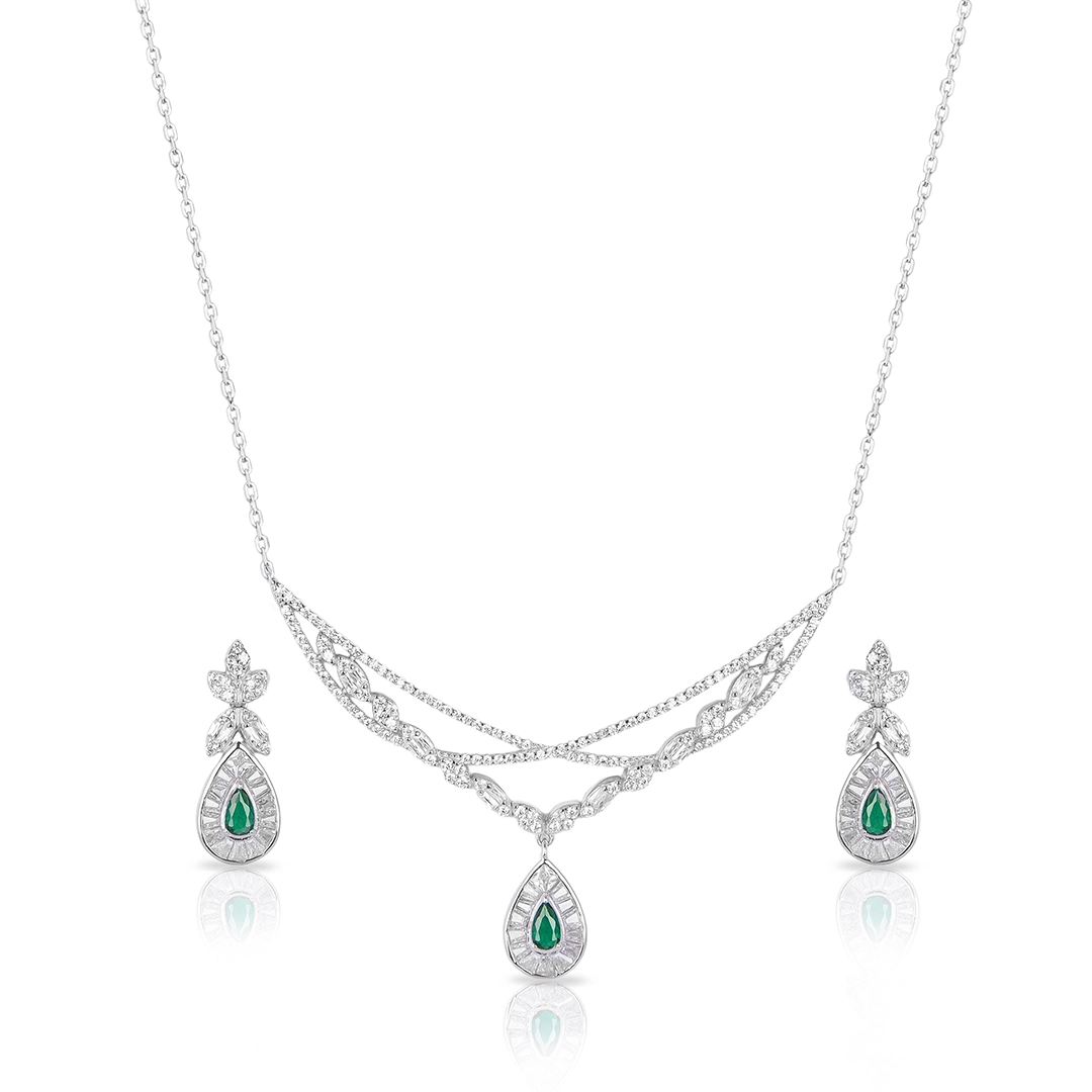 Colar de Prata Blend Collection Trabalhado com Brincos Gota em Zircônias Cristal e Esmeralda